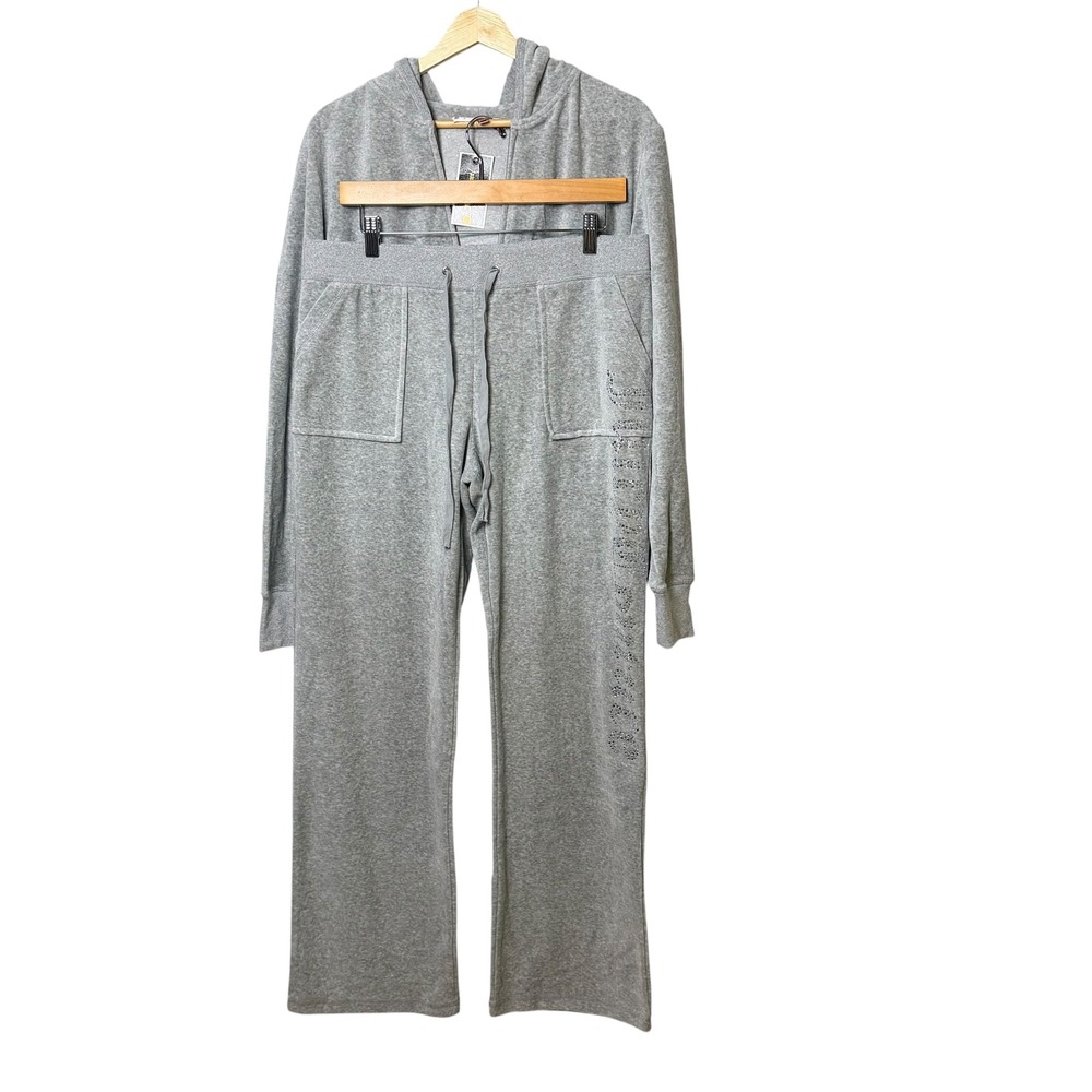 Juicy Couture Gray Velour Tracksuit Set Rhinestone Logo Hoodie Pants XXXL NEW
